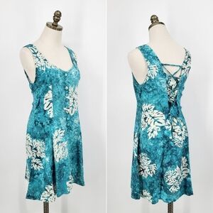 Tropical Floral Tie Dye Mini Dress Lace Up Back Teal Blue Palm Leaf Sleeveless S